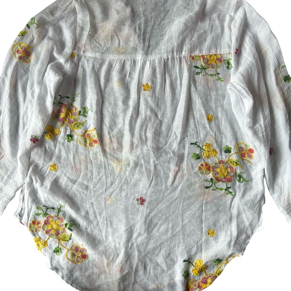 White and yellow Floral Embroidered Women's button up Top - Picture 2 of 4